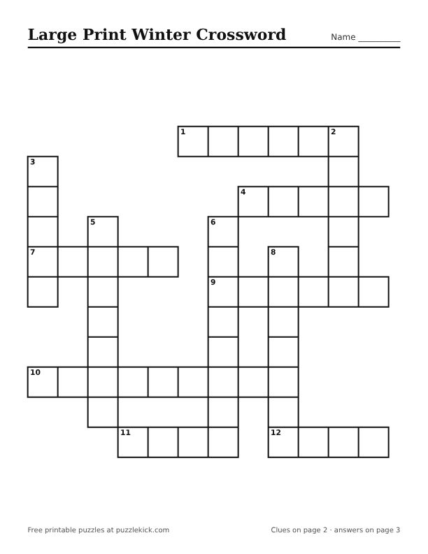 Printable Large Print Winter Crossword PDF preview with big squares and large clues