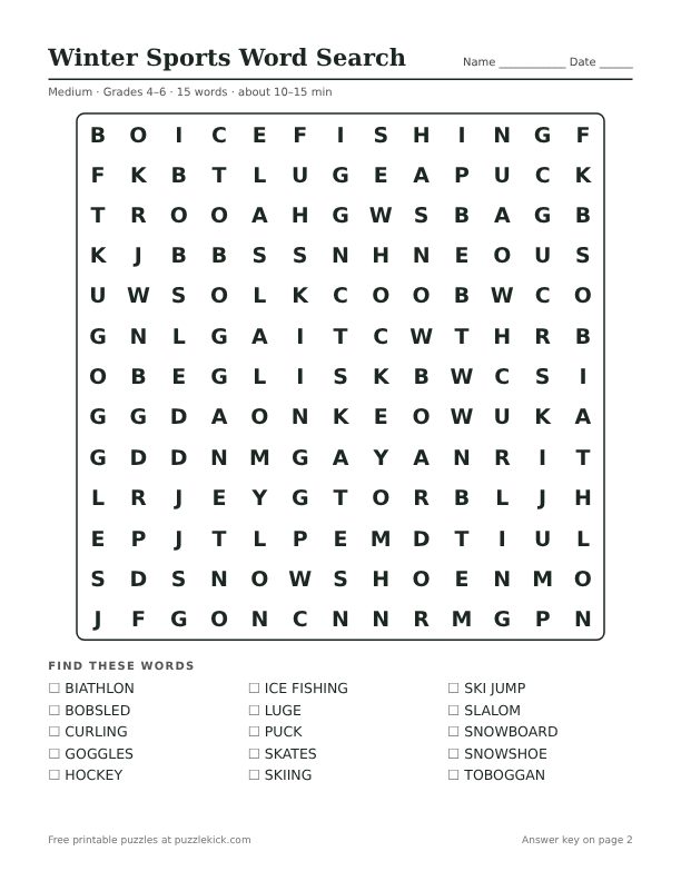 Printable Winter Sports Word Search PDF preview: puzzle page with word list