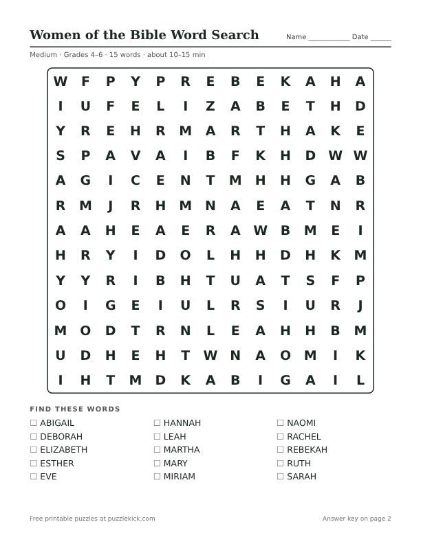 Printable Women of the Bible Word Search PDF preview: puzzle page with word list