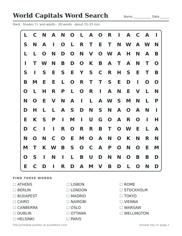 Preview of the world capitals hard word search